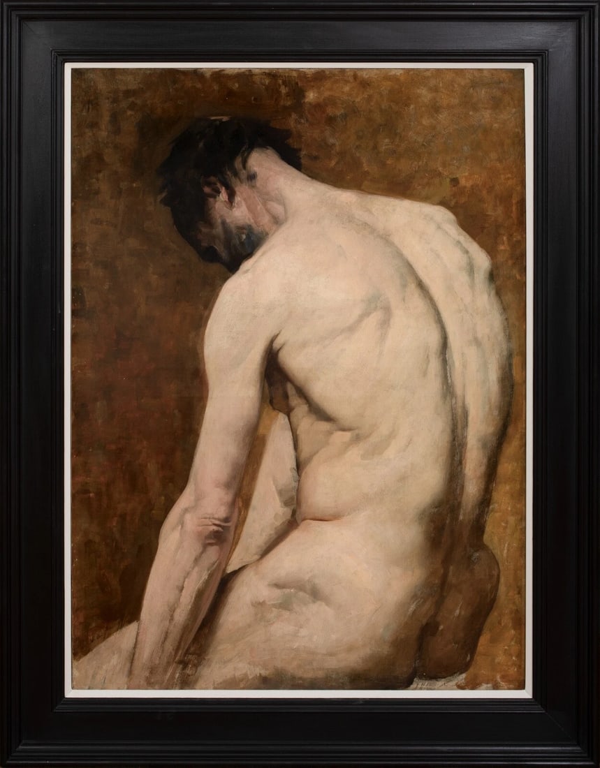 PORTRAIT OF A MALE NUDE IN A STUDIO OIL PAINTING: Year: 19th century Size: 48" x 37" Medium: Oil Description: Large oil on canvas picture of a man in the nude in a studio from the French Academy in the 19th century. Excellent quality and condition st