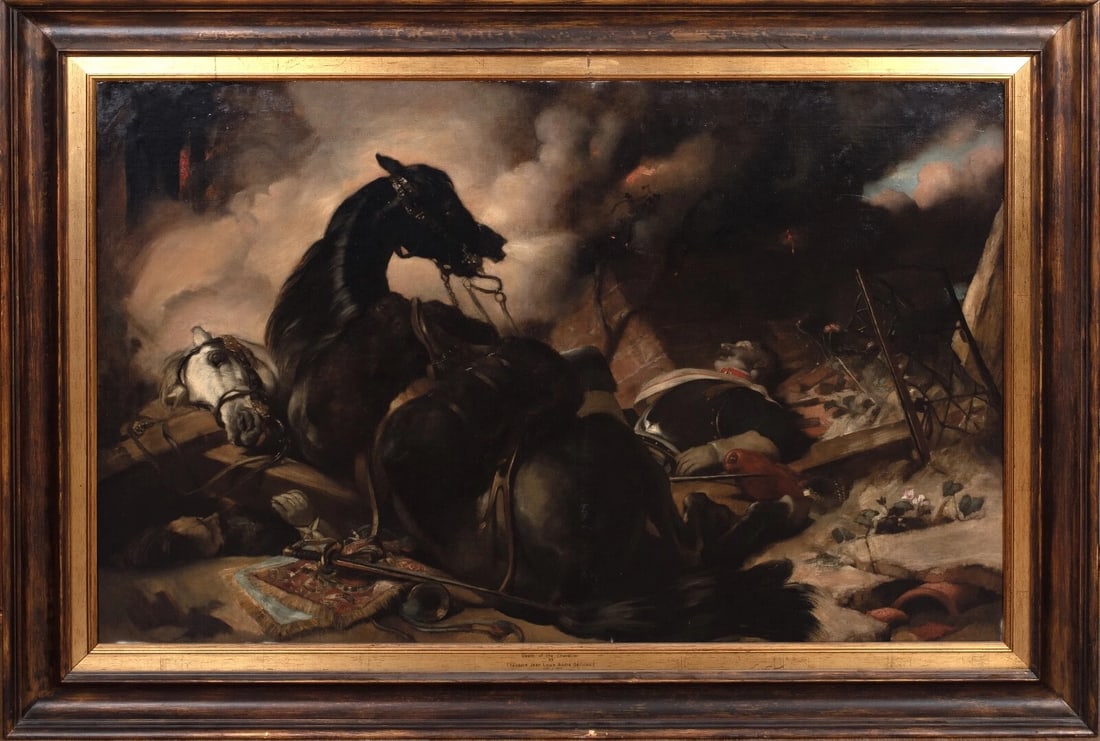 BATTLE OF WATERLOO CAVALRY OIL PAINTING: Year: 19th century Size: 62" x 44" Medium: Oil Description: Theodore Gericault is credited with creating this enormous oil painting from the Battle of Waterloo in France in the 19th century. Grand sca