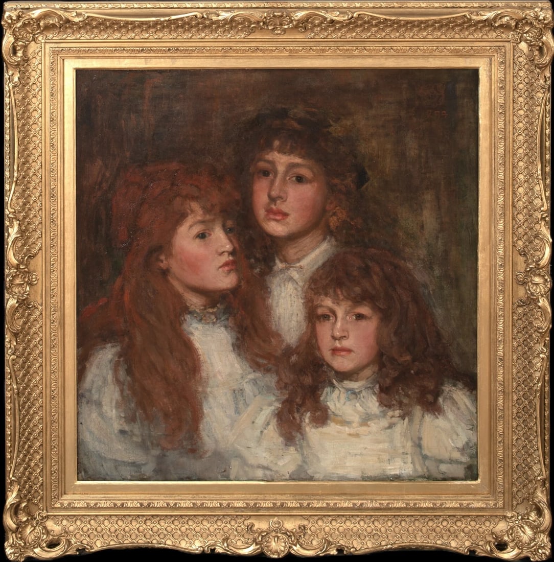 PORTRAIT OF THREE SISTERS OIL PAINTING: Year: 19th century Size: 34" x 31" Medium: Oil Description: An enormous oil painting of the Three Sisters from the 19th century, signed with a rose. Gorgeous painting of the three auburn-haired and br