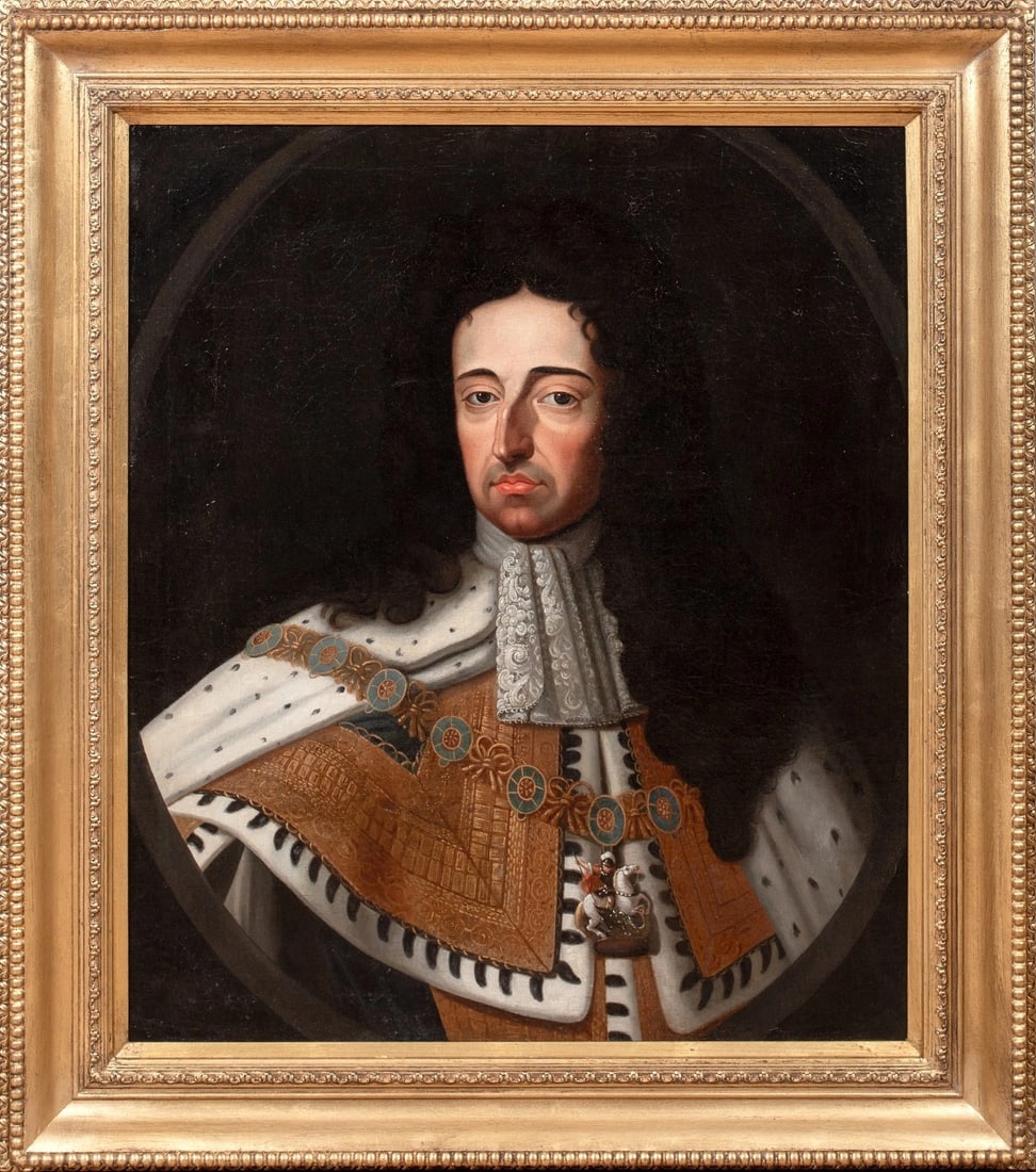 PORTRAIT OF KING WILLIAM III OIL PAINTING: Year: 17th century Size: 37" x 32" Medium: Oil Description: King William III of England, Scotland, and Ireland is depicted in this large oil on canvas Royal Court portrait from the 17th century. Excel