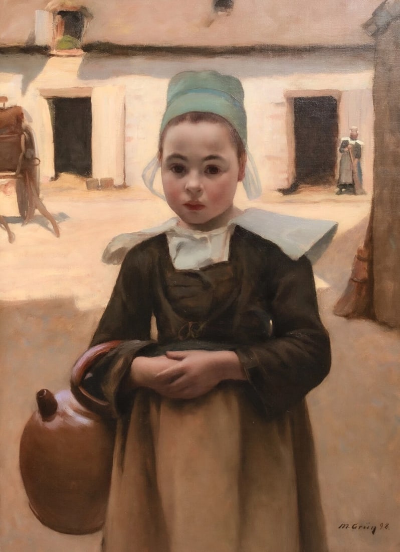 BRETON VILLAGE GIRL PORTRAIT OIL PAINTING: Year: 19th century Size: 41" x 31" Medium: Oil Description: Large oil painting by Maurice Grun of a French Breton country girl from the 19th century. An outstanding example of French painting that cap