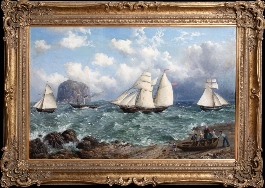 SHIPPING OFF BASS ROCK, FIRTH OF FORTH OIL PAINTING: Year: 19th century Size: 48" x 35" Medium: Oil Description: MacNeil Macleay's oil painting from the 19th century depicts a variety of ships off Bass Rock in the Forth of Forth. This is a very good and