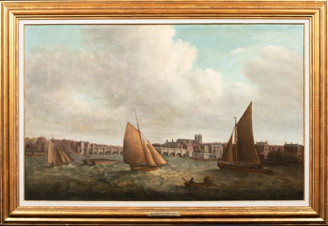 VIEW OF WESTMINSTER OIL PAINTING ATTRIBUTED TO WILLIAM MARLOW: Year: 18th century Size: 48" x 33" Medium: Oil Description: William Marlow is credited with creating this enormous 18th-century oil painting of Westminster Bridge from the Thames. sweeping picture of