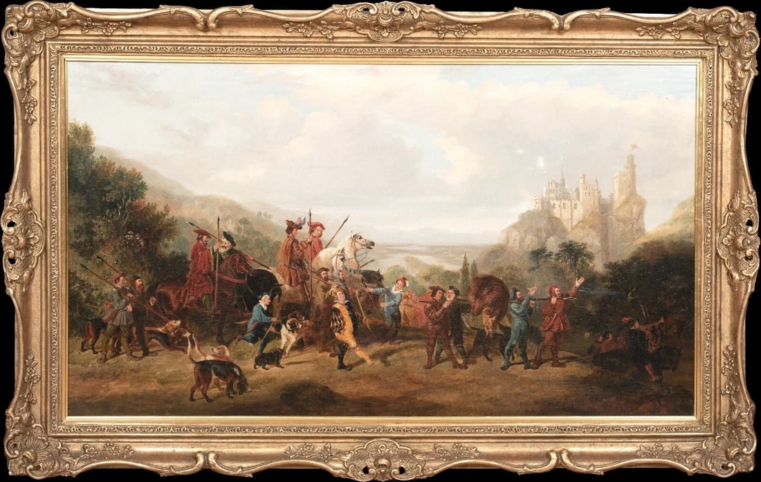 MEDIEVAL BOAR HUNTING PARTY OIL PAINTING: Year: 19th century Size: 49" x 31.5" Medium: Oil Description: Large oil painting of a German medieval boar hunting party from the 19th century. A panorama of a boar hunting party commanded by two prin