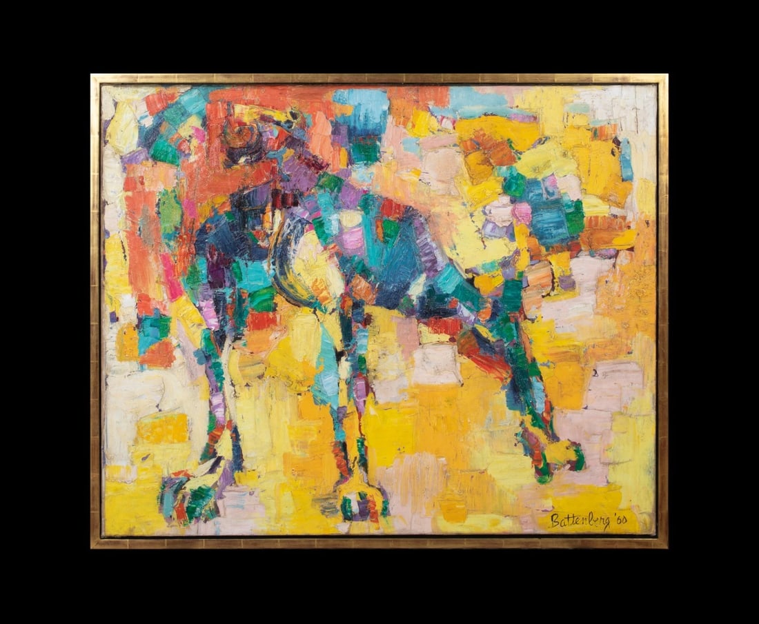PORTRAIT OF A BOXER DOG OIL PAINTING: Year: 20th century Size: 45" x 37" Medium: Oil Description: John Battenberg, oil on canvas, large 1960 American abstract portrait of a boxer dog. A superb study of the dog's quality and condition, and
