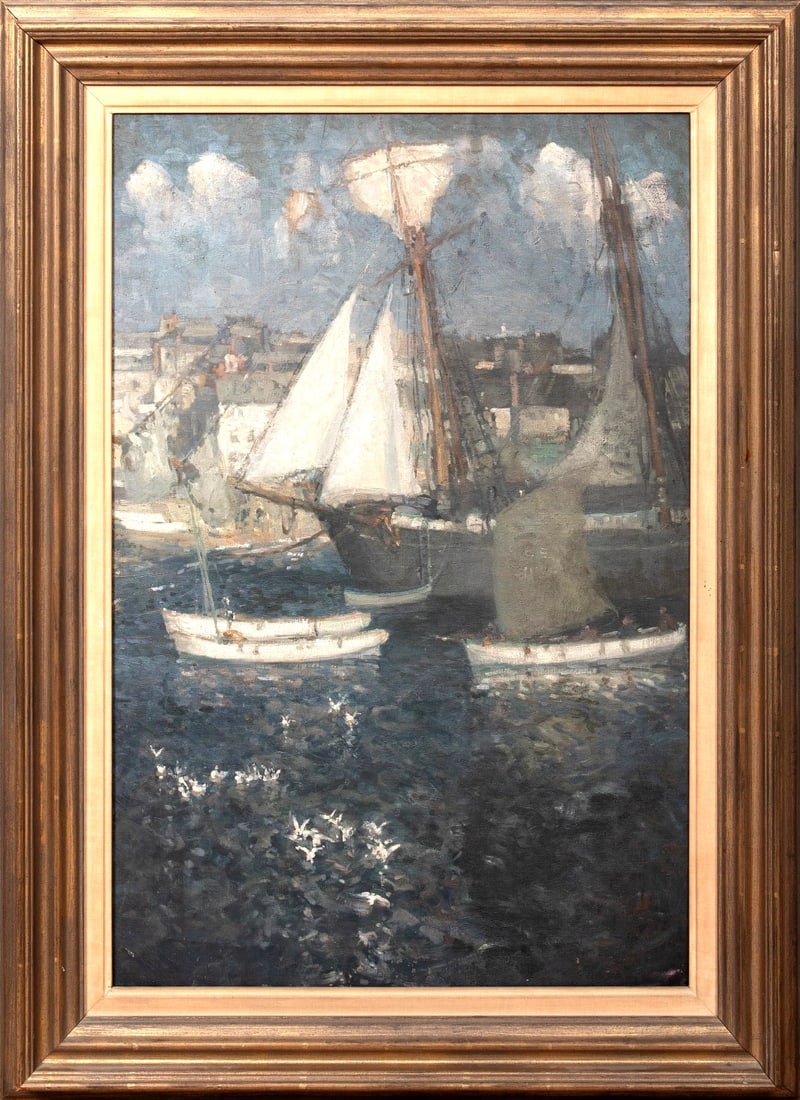 VIEW OF ST IVES HARBOUR OIL PAINTING ATTRIBUTED TO JOHN ANTHONY PARK: Year: 20th century Size: 37" x 27" Medium: Oil Description: John Anthony Park is credited with creating this large oil on canvas Impressionist image of St. Ives Harbour around 1930. Great condition an