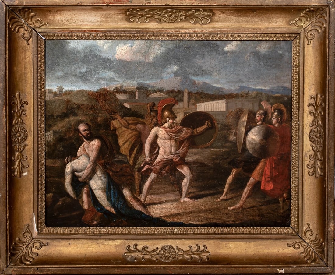 THE DEATH OF PATROCLUS OIL PAINTING: Year: 18th century Size: 12" x 10" Medium: Oil Description: Oil on panel, 18th-century French Neo-Classical scene depicting the death of Pathocles. The scene of Patroclus's lifeless body being removed