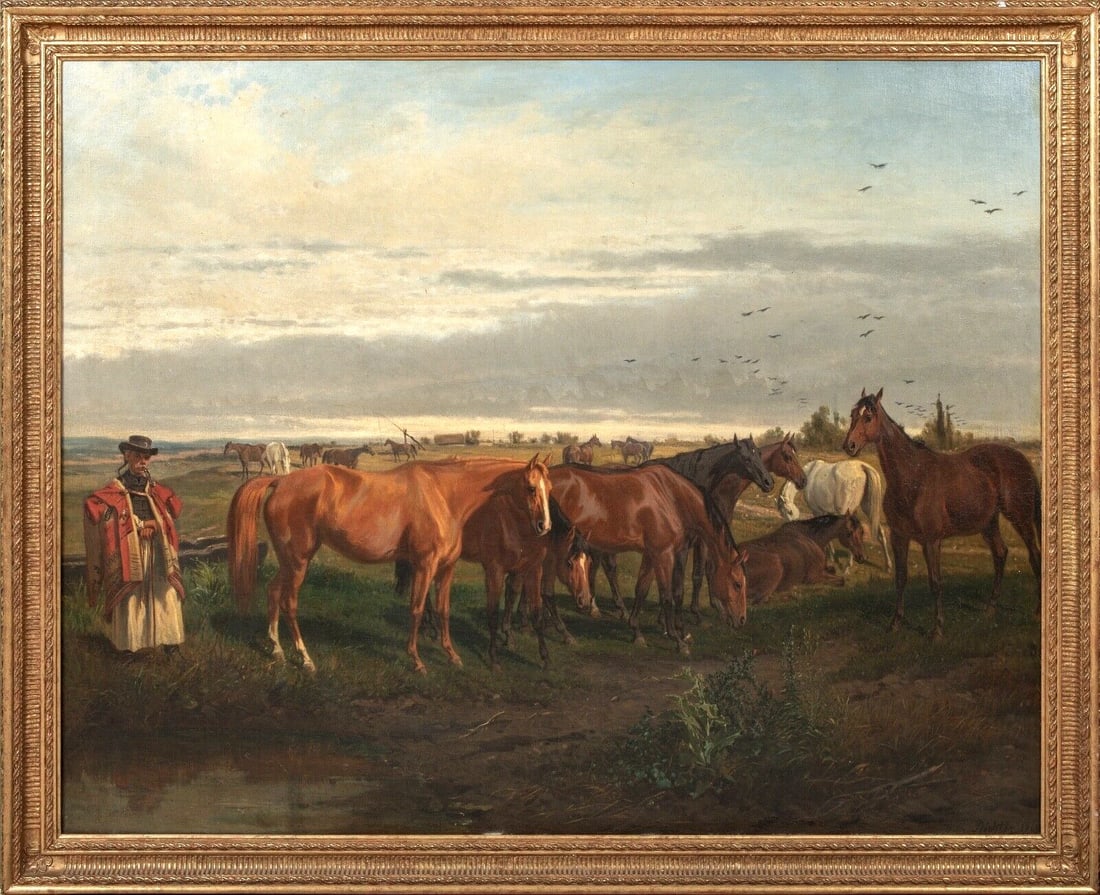 HORSE BREEDER & HORSES IN LANDSCAPE OIL PAINTING (1 of 10)