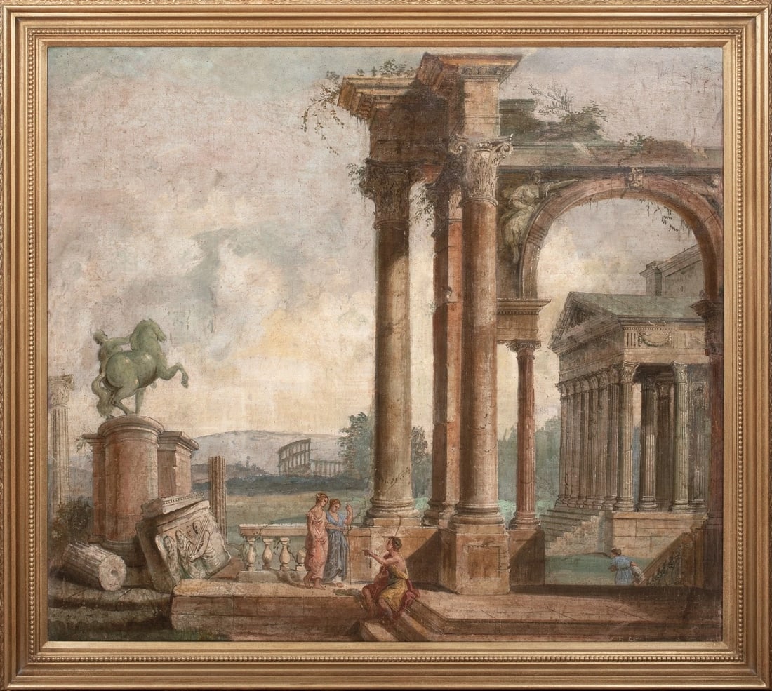 THE TEMPLE OF ALEXANDER THE GREAT, ROME OIL PAINTING: Year: 18th century Size: 52" x 47" Medium: Oil Description: Large oil painting by Italian artist Capriccio from the 18th century depicting the Temple of Alexander the Great in Rome. A bronze statue of