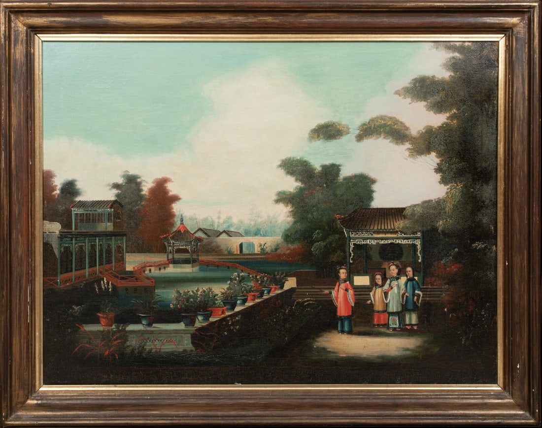 CHILDREN IN A GARDEN LANDSCAPE OIL PAINTING: Year: 19th century Size: 27" x 22.5" Medium: Oil Description: Big oil painting depicting a garden scene with kids from a Chinese school in the 19th century. A woman and her children are shown in an ar