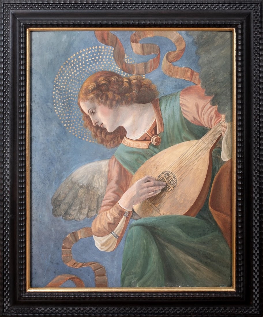 AN ANGEL PLAYING THE MANDOLIN OIL PAINTING: Year: 17th century Size: 34" x 28" Medium: Oil Description: An angel playing a mandolin is depicted in this large oil painting from the 17th and 18th centuries. This devotional piece is of exceptional