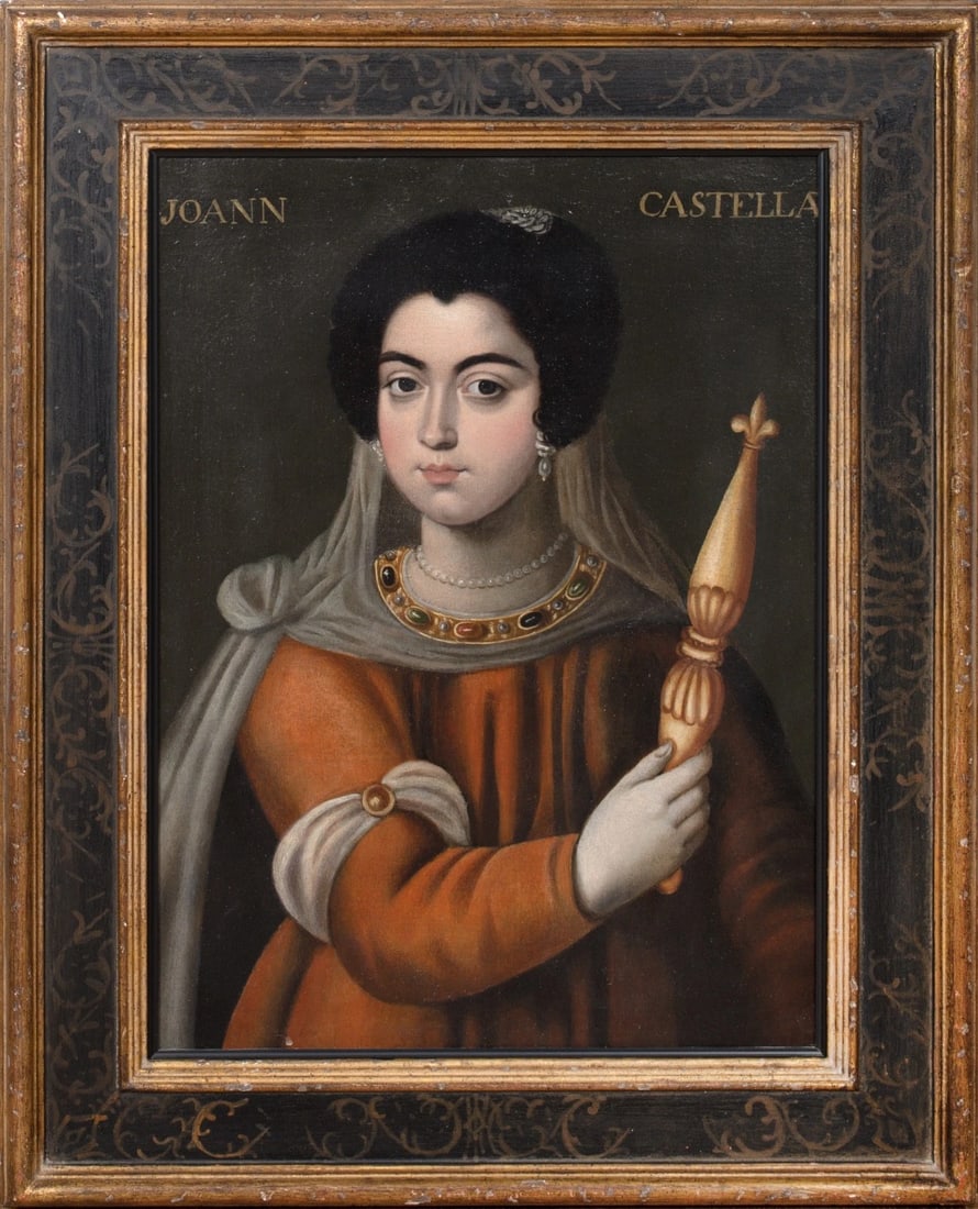 PORTRAIT OF QUEEN JOANNE OF CASTILE OIL PAINTING: Year: 17th century Size: 34" x 28" Medium: Oil Description: Joanne, Queen of Castile, is depicted in a large 17th-century Italian School Old Master portrait. Queen Joanne is shown in this half-length