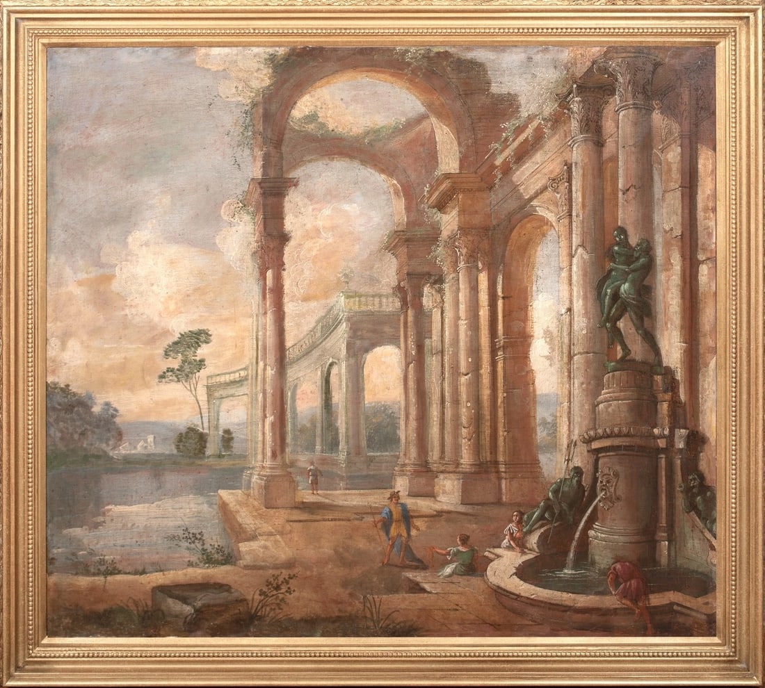 FIGURES RESTING BY A FOUNTAIN, ROMAN CAPRICCIO OIL PAINTING (1 of 10)