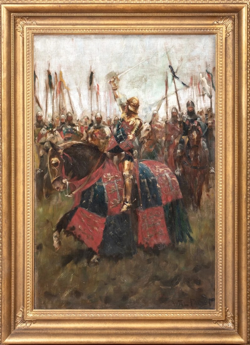 KING HENRY V OF ENGLAND, THE BATTLE OF AGINCOURT 1415 OIL PAINTING: Year: 19th century Size: 37" x 27" Medium: Oil Description: Large oil painting by Walter Stanley Paget from the 19th century depicting King Henry V at the Battle of Agincourt in 1415. This scene of Ki