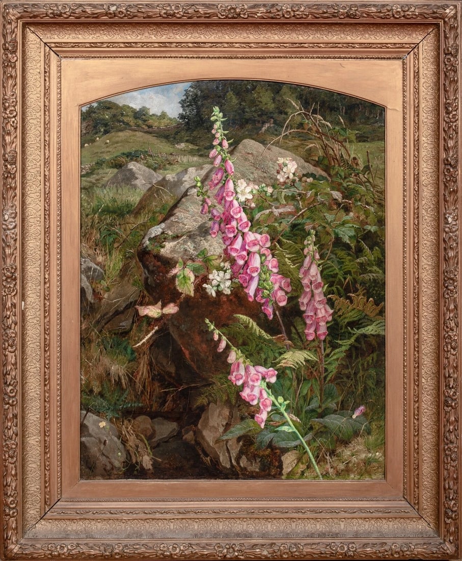 STILL LIFE OF FOXGLOVES (DIGITALIS) & FERNS OIL PAINTING: Year: 19th century Size: 40" x 33" Medium: Oil Description: This is a large oil painting by Martha Darley Murtie featuring foxgloves and frets by the rocks from the 19th century in England. A great ex