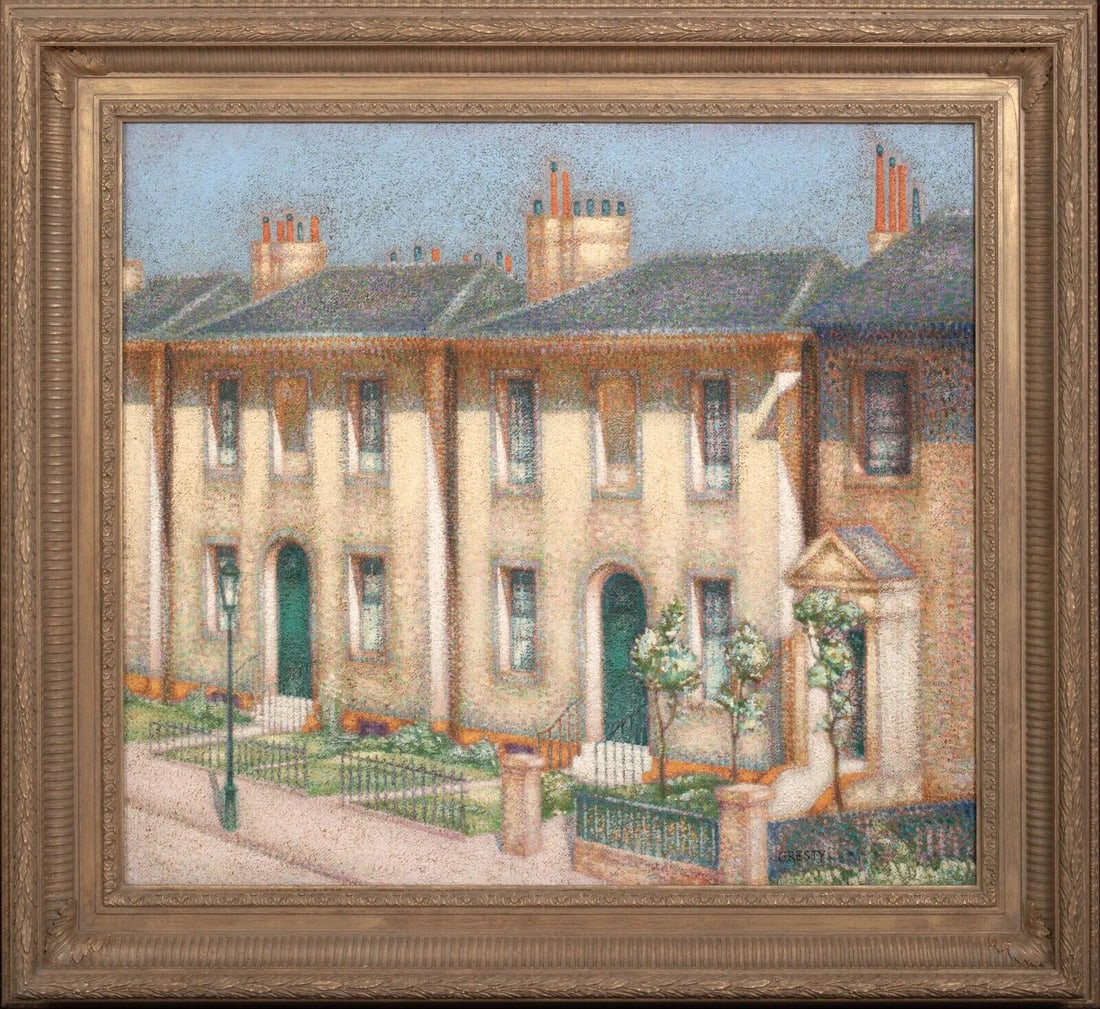 "SUBURBIA" OIL PAINTING: Year: 20th century Size: 35" x 32" Medium: Oil Description: Hugh Gresty's "Suburbia" street scene oil painting is a large work from the early 20th century. View of a summertime London street in excell
