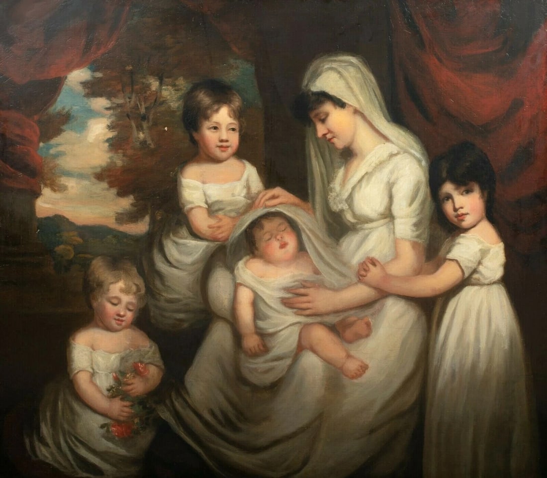 FAMILY PORTRAIT OF A MOTHER & CHILDREN OIL PAINTING: Year: 18th century Size: 64" x 54" Medium: Oil Description: Large oil on canvas painting from the English School of the 18th century of a woman who is usually thought to be Mrs. Spencer and her kids.