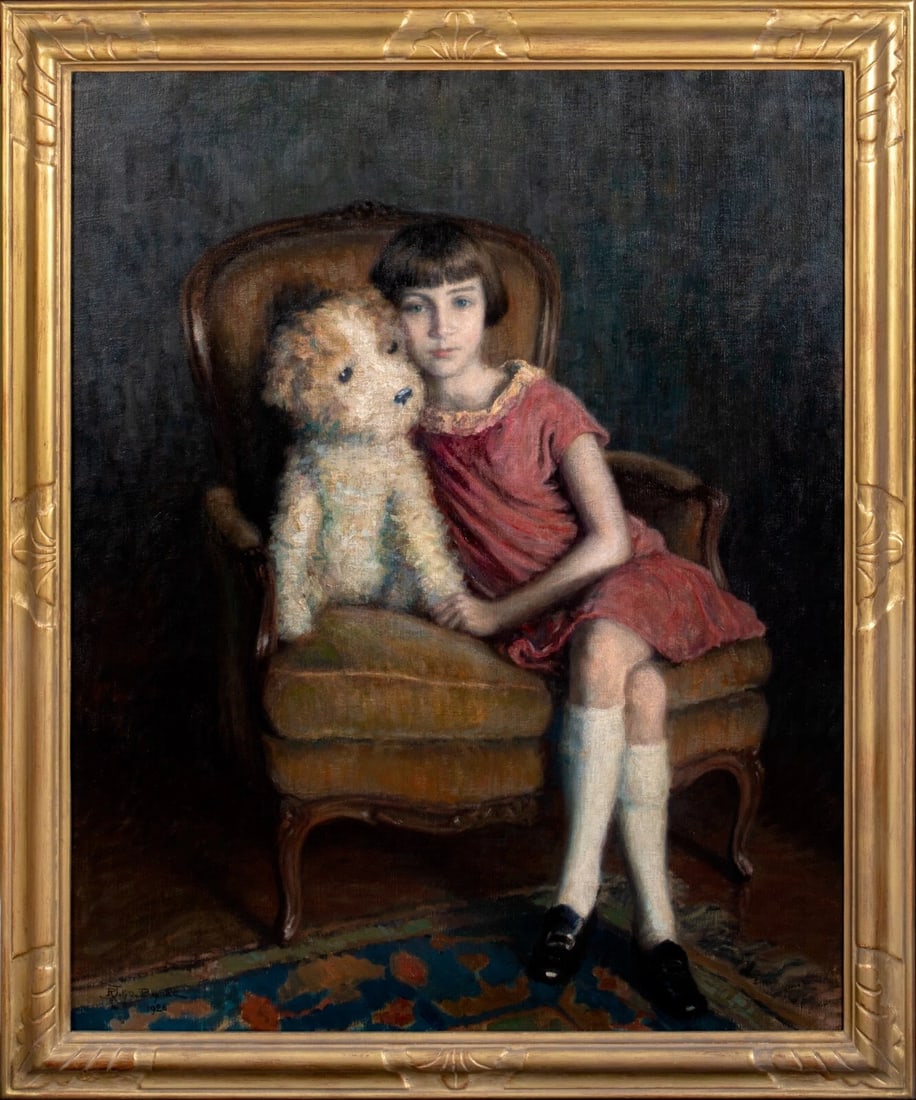PORTRAIT OF A GIRL & TOY BEAR OIL PAINTING: Year: 20th century Size: 45" x 37" Medium: Oil Description: Rene Marie Joly De Beynac painted a large oil picture of a young girl and her teddy bear in France in 1926. A full-length interior portrait