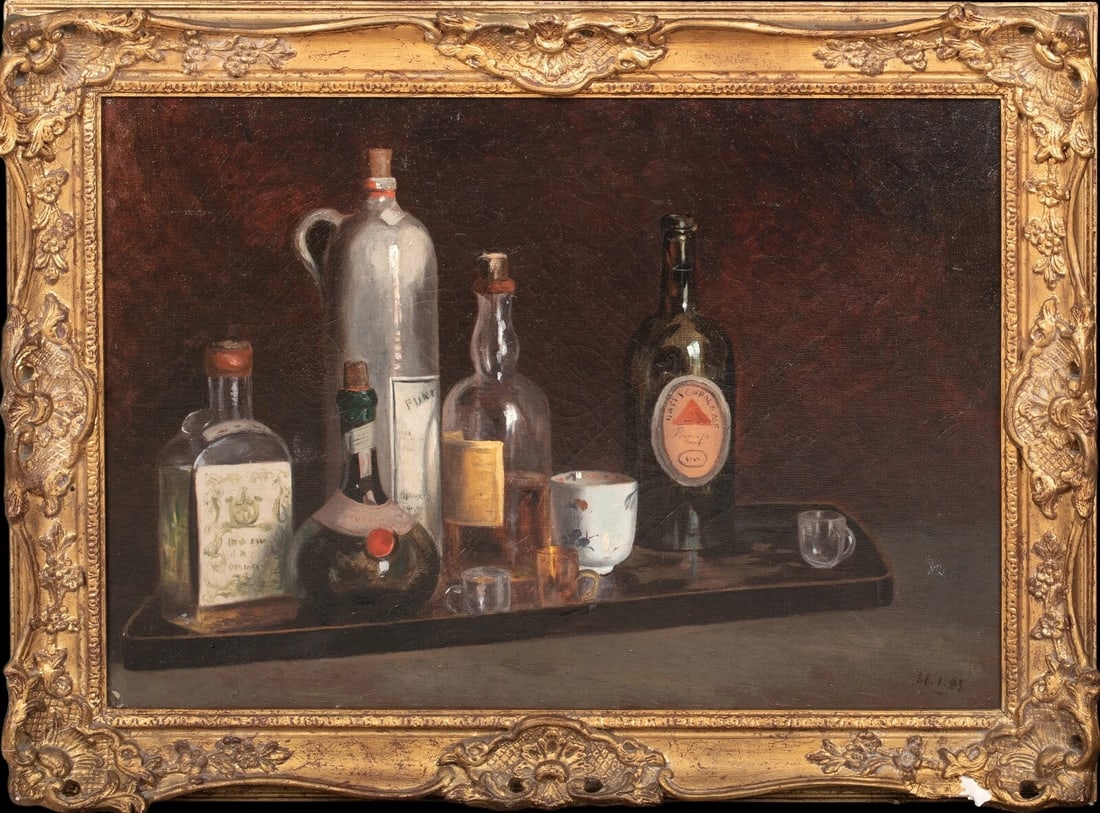STILL LIFE OF VARIOUS BOTTLES OF ALCOHOL OIL PAINTING (1 of 10)