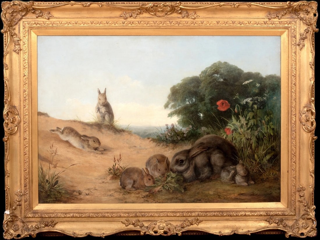 FAMILY OF RABBITS LANDSCAPE OIL PAINTING: Year: 19th century Size: 44.5" x 34" Medium: Oil Description: Henry Barnard Gray, oil on canvas, large 19th-century English landscape with a family of rabbits. Signed and shown in its original gold fr