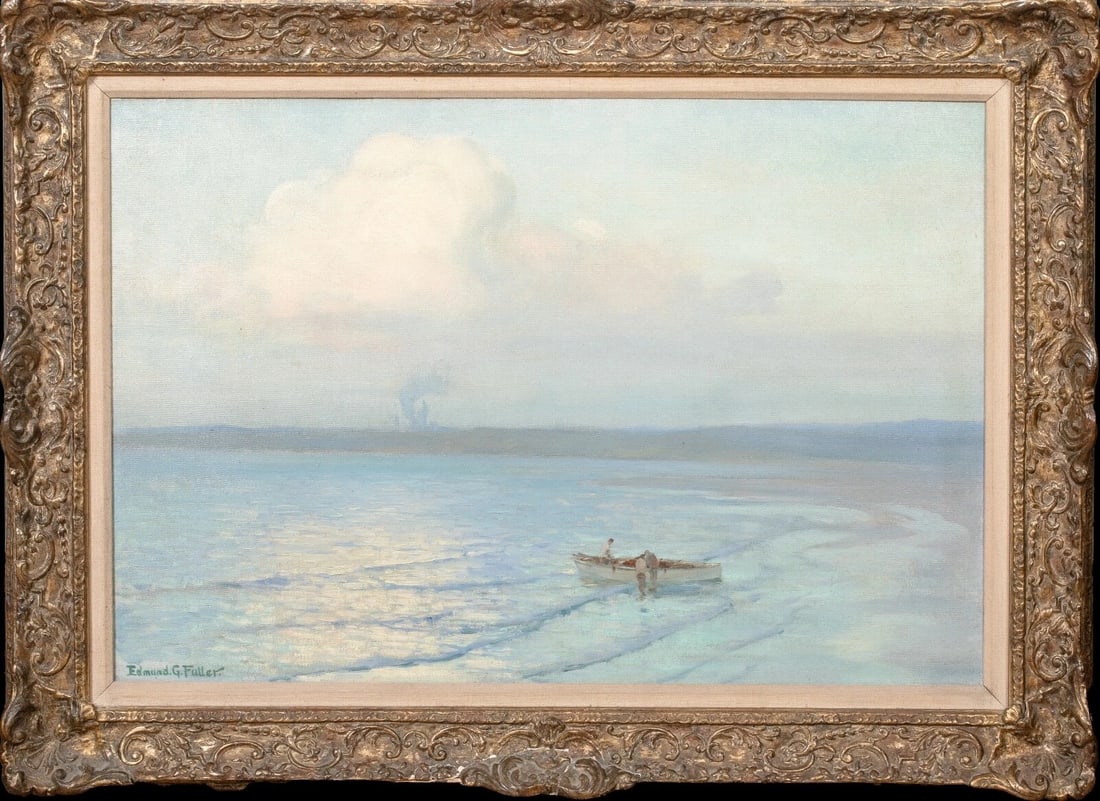 HAYLE BEACH CORNWALL LANDSCAPE OIL PAINTING: Year: 19th century Size: 36" x 27" Medium: Oil Description: Large oil painting by Edmund Fuller of Halle, Cornwall, from the 19th century. As three fisherman haul their boat ashore from the shallows,