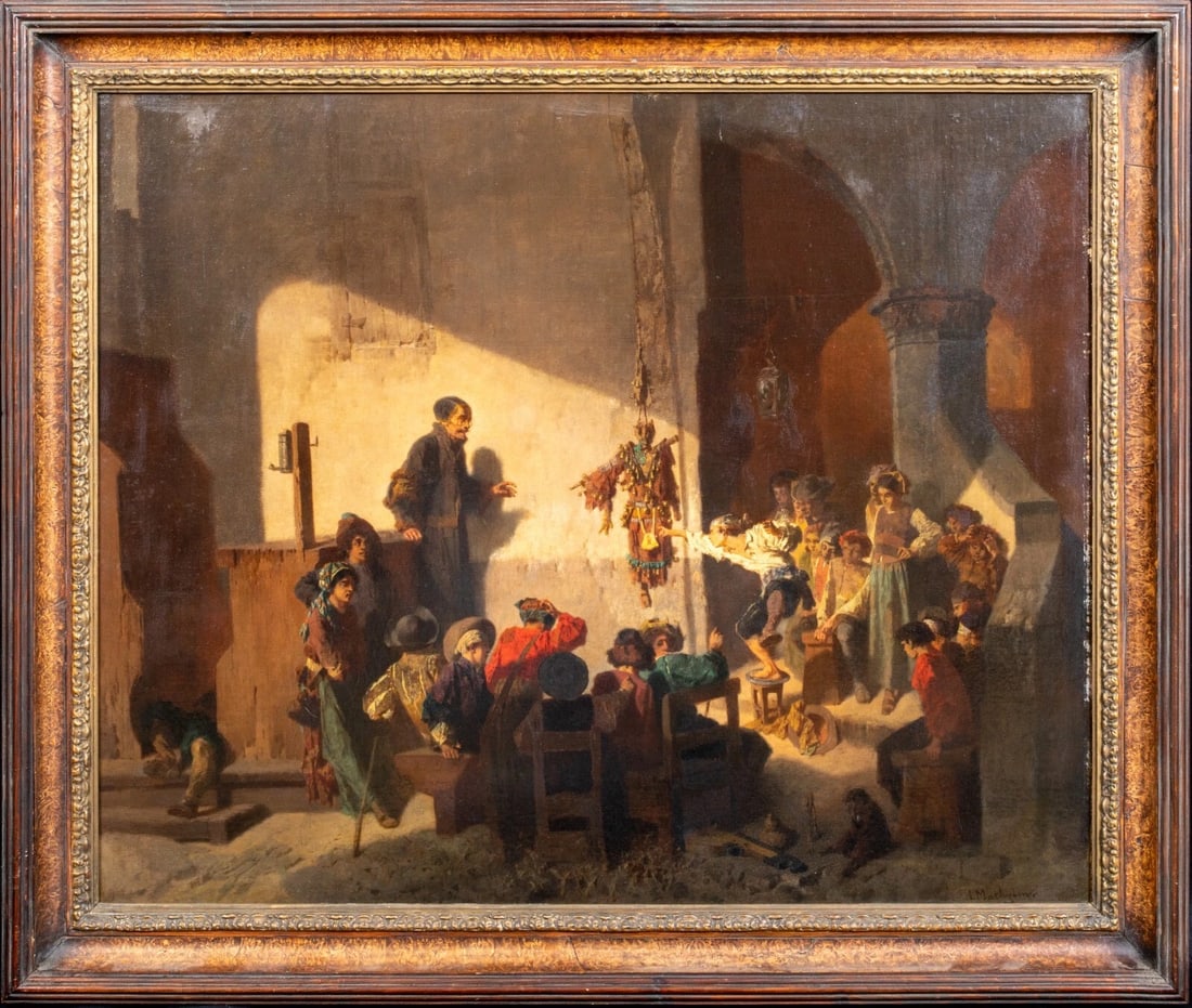 SCHOOL FOR THIEVES OIL PAINTING: Year: 19th century Size: 36" x 31" Medium: Oil Description: Large oil on canvas painting depicting a school for thieves from the 19th century in Italy. Unusual and wonderfully drawn interior scene sho