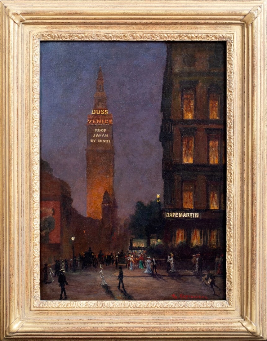 CAFE MARTIN AT NIGHT, MADISON SQUARE PARK, NEW YORK OIL PAINTING: Year: 20th century Size: 20" x 15.5" Medium: Oil Description: Oil on canvas, 1902 American School, nighttime street scene of Cafe Martin in Madison Square Park, New York. A rare perspective of New Yor