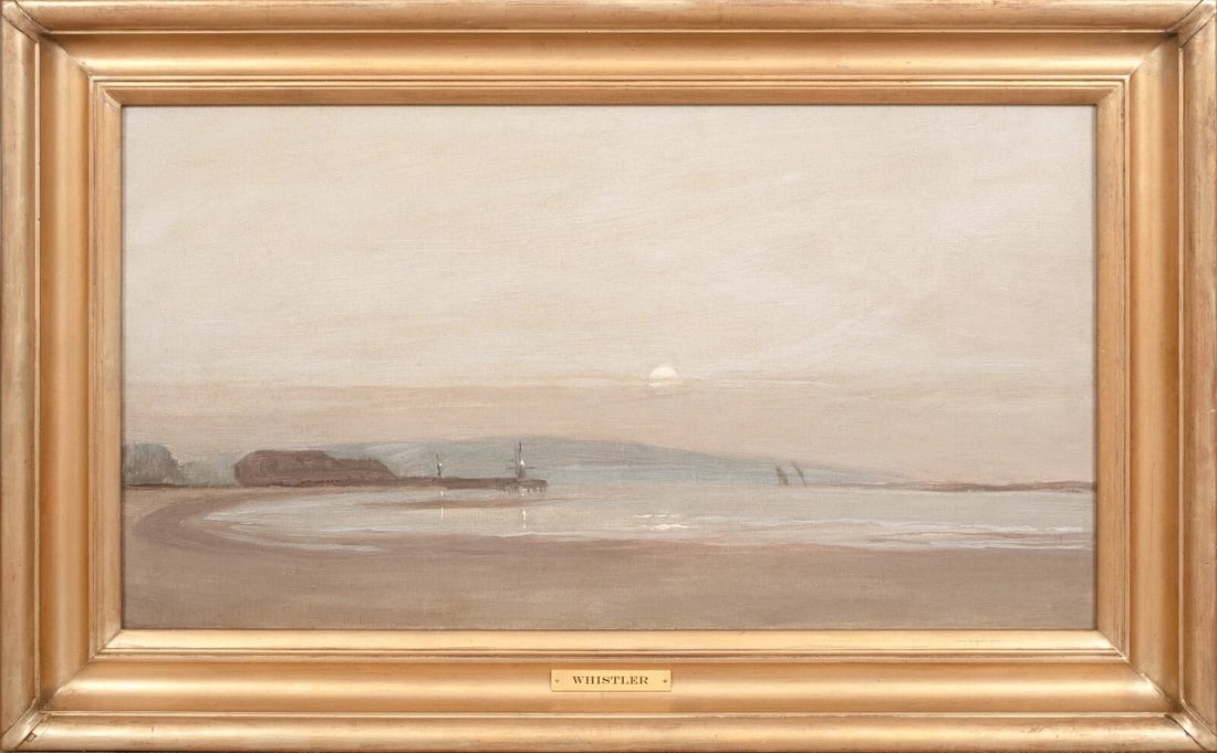BEACH NOCTURNE LANDSCAPE OIL PAINTING: Year: 19th century Size: 34" x 21" Medium: Oil Description: Large oil painting from the 19th century depicting a beach landscape at dusk. The expansive picture, which captures the curvature of a tranq