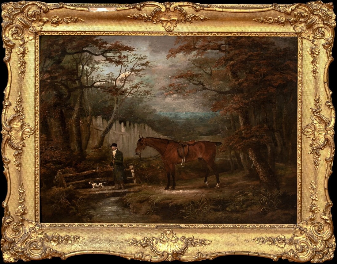 DISMOUNTED HUNTER & HORSE OIL PAINTING (1 of 10)
