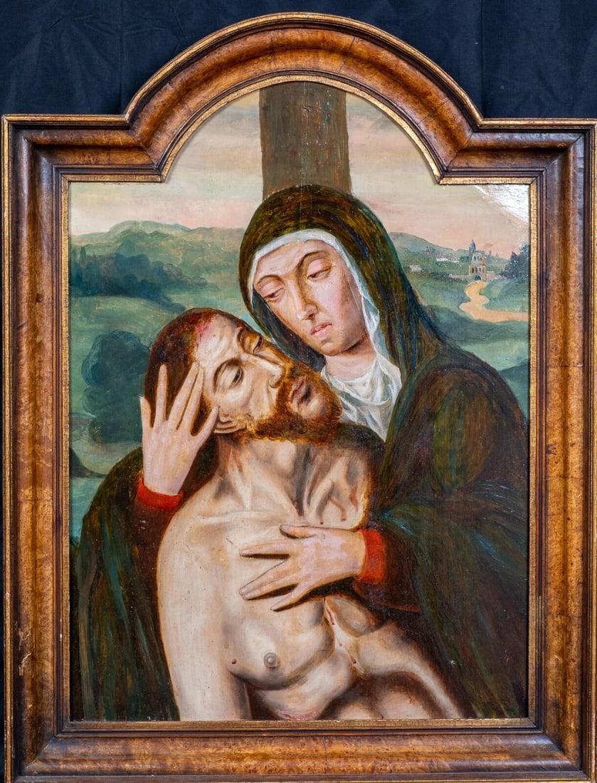 PIETA VIRGIN MOTHER & CHRIST OIL PAINTING: Year: 16th century Size: 30" x 24" Medium: Oil Description: An exquisite oil painting of the Pieta on an oak panel from the 16th century by a Netherlandish Old Master. A sizable image of the Virgin Mo