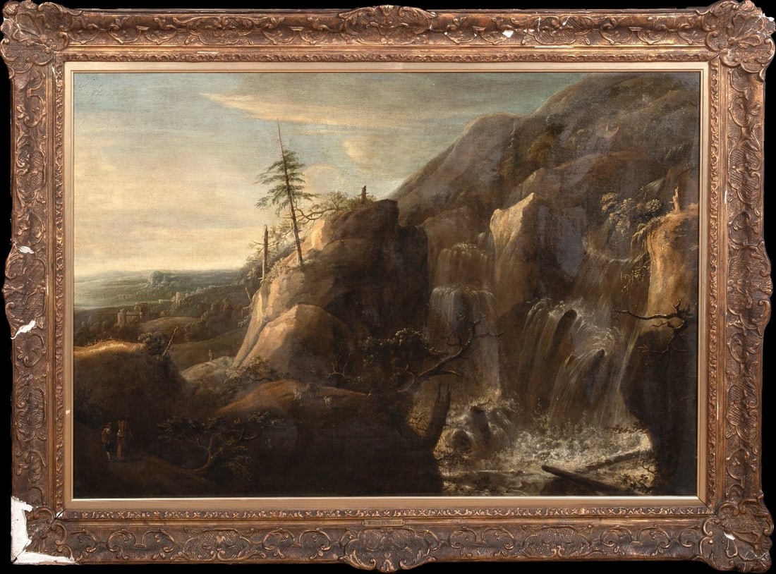 WATERFALL LANDSCAPE OIL PAINTING: Year: 17th century Size: 53" x 40" Medium: Oil Description: Large oil painting by a Dutch Old Master from the 17th century depicting people in a rocky waterfall setting. Unsigned, expansive alpine ter
