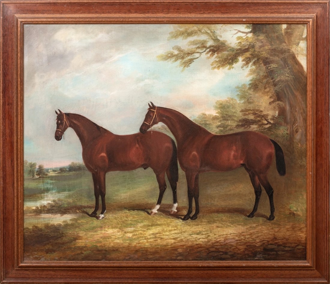 A PAIR OF BAY HUNTER HORSES BY A STREAM OIL PAINTING (1 of 10)