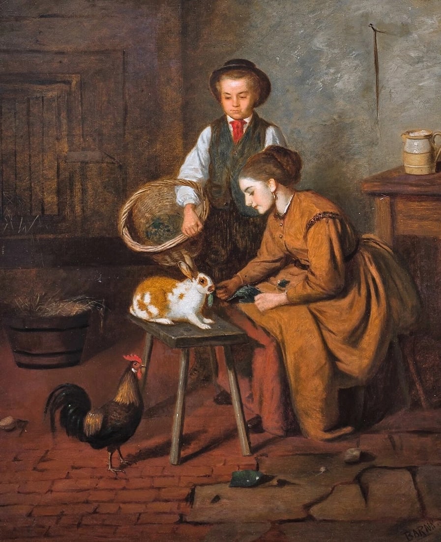 MOTHER & SONS FEEDING A RABBIT OIL PAINTING: Year: 19th century Size: 30" x 26" Medium: Oil Description: Beautiful, big, oil on canvas interior scene from a 19th-century English school depicting a mother and son tending to a rabbit with the help