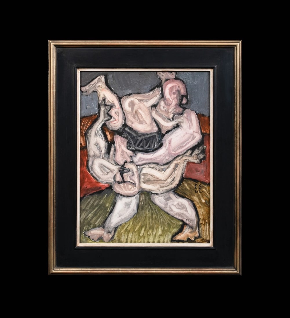 THE WRESTLERS OIL PAINTING: Year: 17th century Size: 21" x 17" Medium: Oil Description: Ernst Eisenmayer's large oil on board portrait of "The Wrestlers" from the British Figurative School, 1962. An excellent and well-maintained