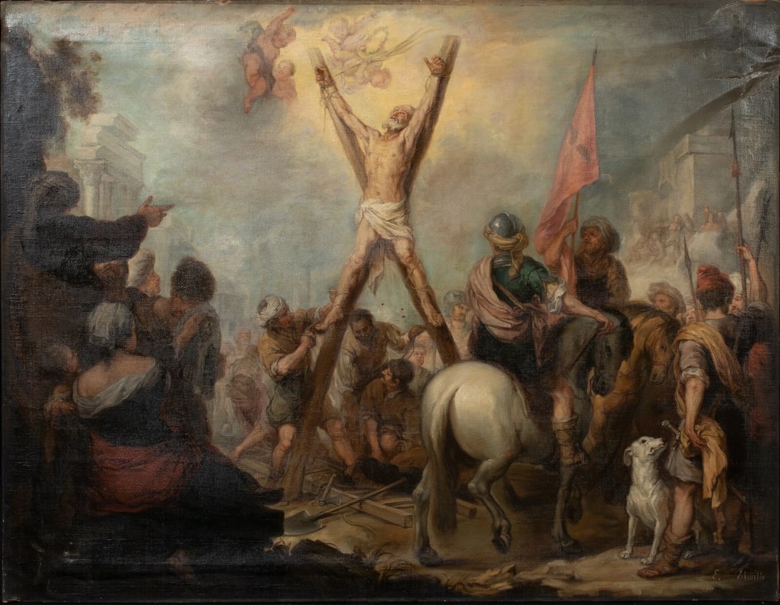 THE MARTYRDOM OF SAINT ANDREW OIL PAINTING: Year: 18th century Size: 64" x 50" Medium: Oil Description: A disciple of Bartolom Esteban Murillo (1617-1682)—signed Murillo. Spanish Old Master of the Martyrdom of Saint Andrew, large oil painting