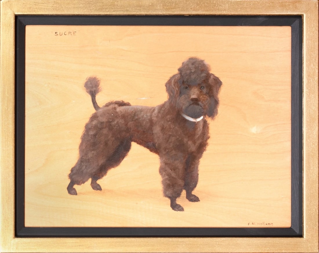 PORTRAIT OF SUCRE A STANDARD POODLE OIL PAINTING: Year: 19th century Size: 20.5" x 16.5" Medium: Oil Description: Sucre, a Standard Poodle, is depicted in this large oil on panel painting by Frances Mabel Hollams from the 19th century. An outstanding