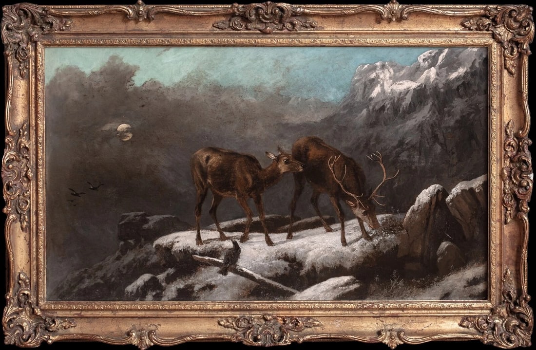 STAG & DEER GRAZING IN THE FROZEN SCOTTISH HIGHLANDS OIL PAINTING (1 of 10)