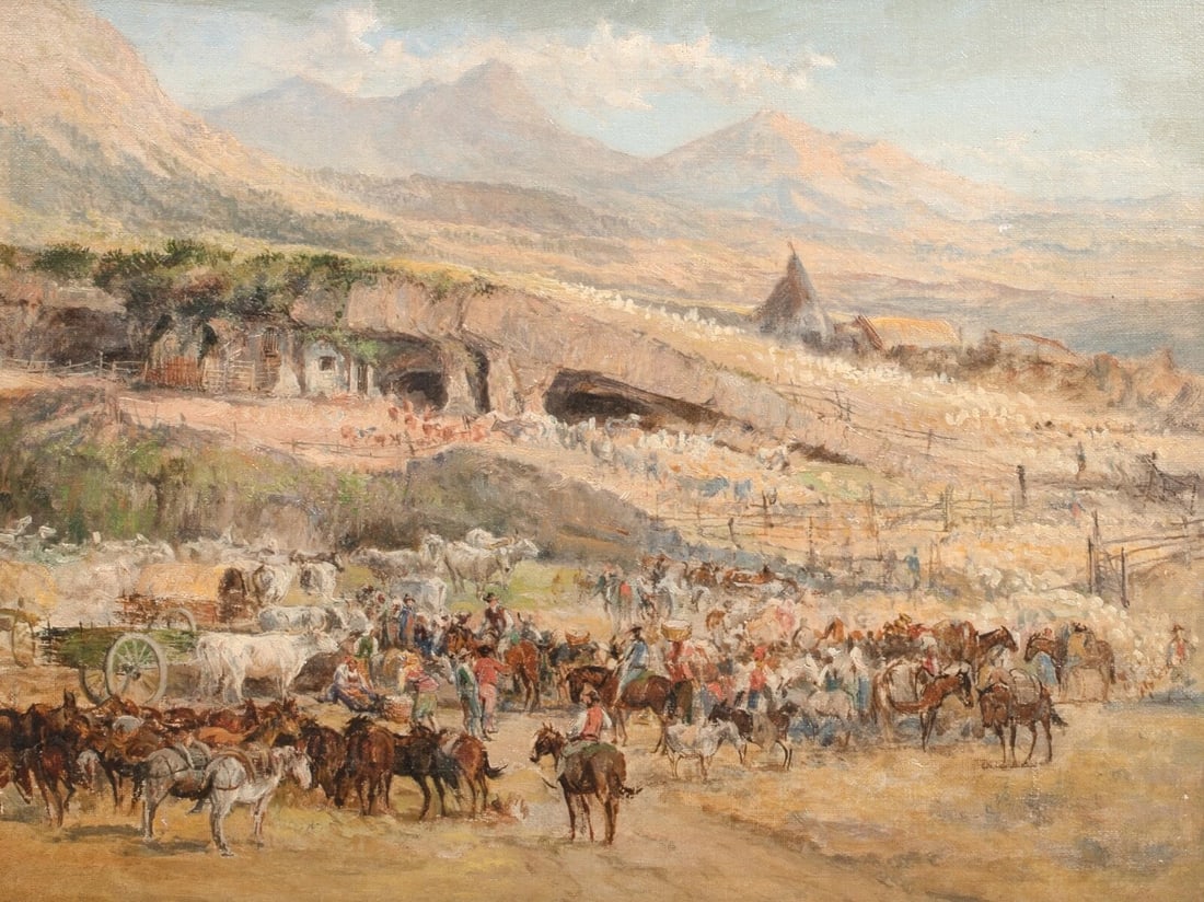 SKETCH OF A CATTLE RANCH OIL PAINTING: Year: 19th century Size: 22" x 18.5" Medium: Oil Description: Charles Schreyvogel is credited with this large oil on panel drawing of a Wild West cattle ranch setting from the 19th century. Outstandin
