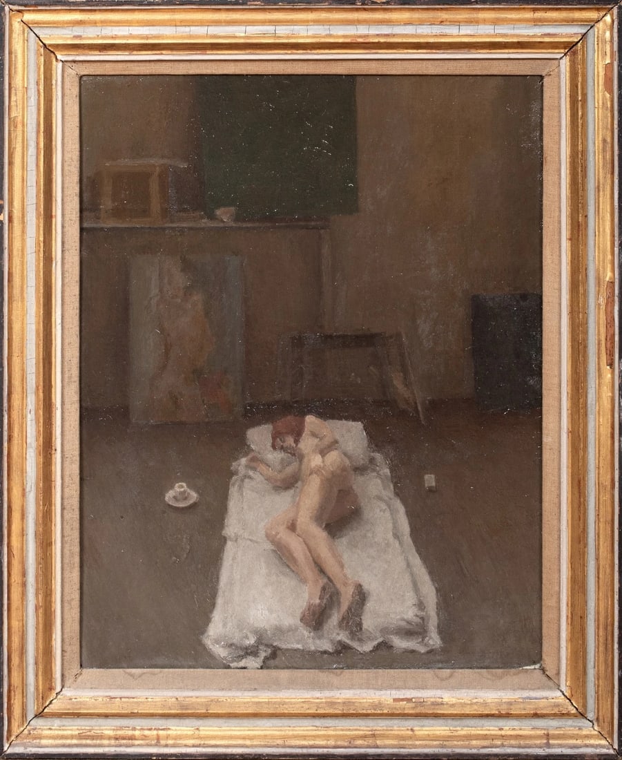 PORTRAIT OF A NUDE SLEEPING OIL PAINTING: Year: 20th century Size: 25" x 20" Medium: Oil Description: Edmund Fairfax-Lucy, oil on board, 20th century interior portrait of a sleeping naked person in an artist's studio. One of the best examples