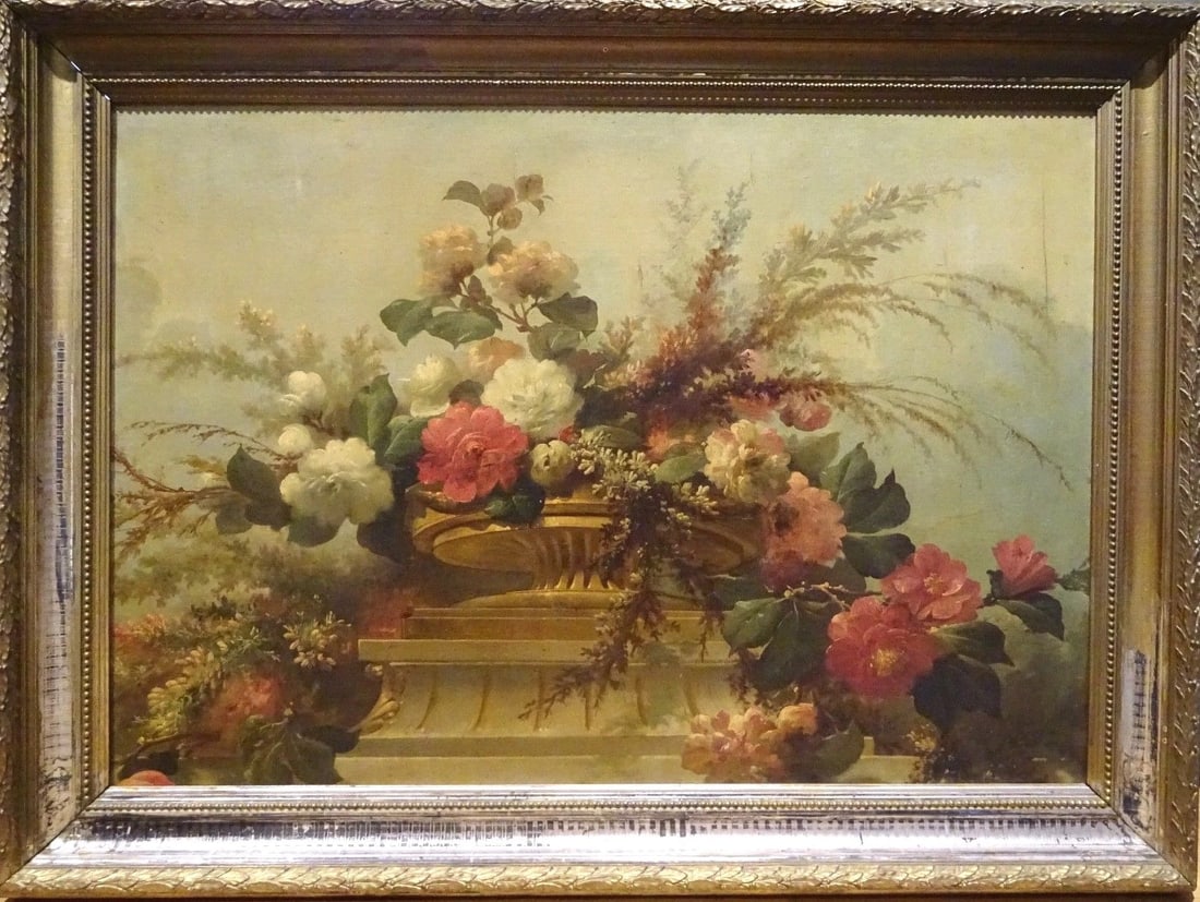 STILL LIFE OF FLOWERS OIL PAINTING: Year: 19th century Size: 45.5 x 34.5" Medium: Oil Description: Beautiful huge oil on canvas still life from the 18th century with a floral arrangement in a classical urn resting on a mantle. Large-sca