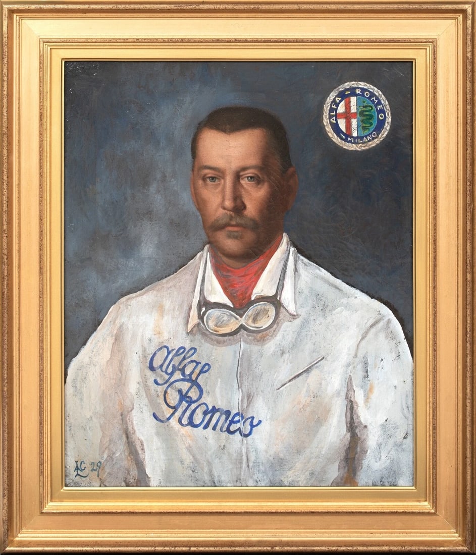 PORTRAIT OF VICTOR RIGAL OIL PAINTING: Year: 20th century Size: 30" x 26" Medium: Oil Description: Huge 1929 oil on canvas racing painting of Victor Rigal, a squad Alfa Romeo driver, signed and dated. A rare early Grand Prix motor racing p