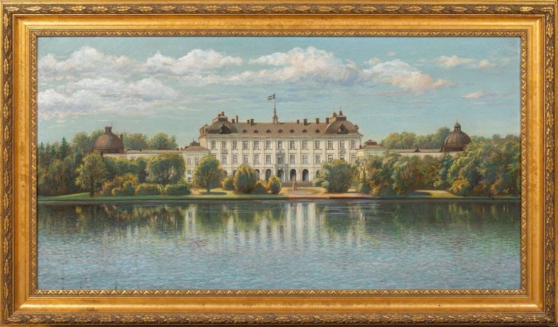 STUDY OF DROTTNINGHOLM OIL PAINTING: Year: 19th century Size: 47" x 28" Medium: Oil Description: Oil on canvas, large study of the architecture of Stockholm, Sweden's Drottningholm Royal Palace by the European School in the 19th century.
