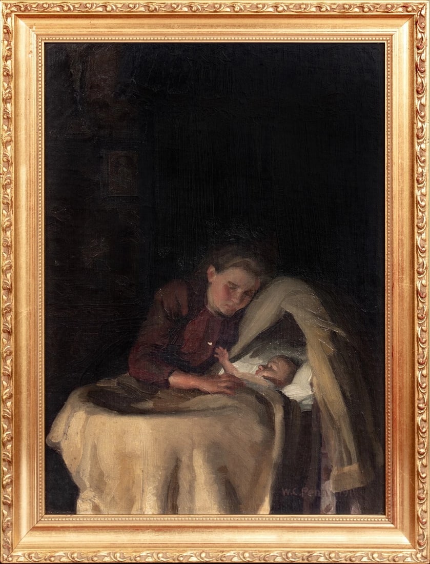 PORTRAIT OF A MOTHER & BABY OIL PAINTING: Year: 20th century Size: 15" x 21.5" Medium: Oil Description: 1911 William Charles Penn oil on board portrait of a mother and her child inside. close-up interior study of a mother holding her infant i