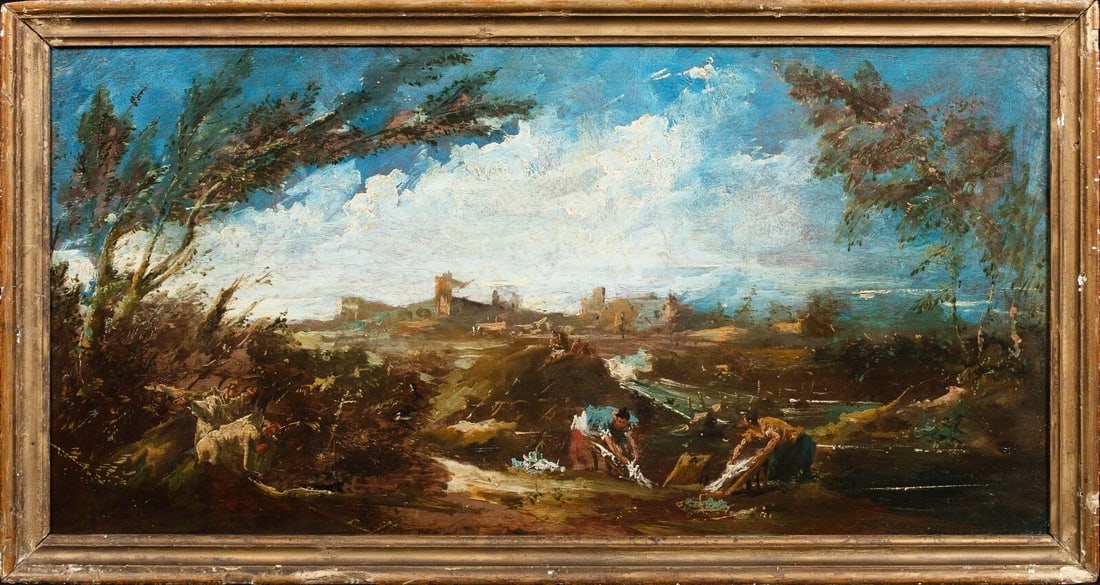 VIEW OF FIGURES IN A RIVER LANDSCAPE OIL PAINTING (1 of 10)