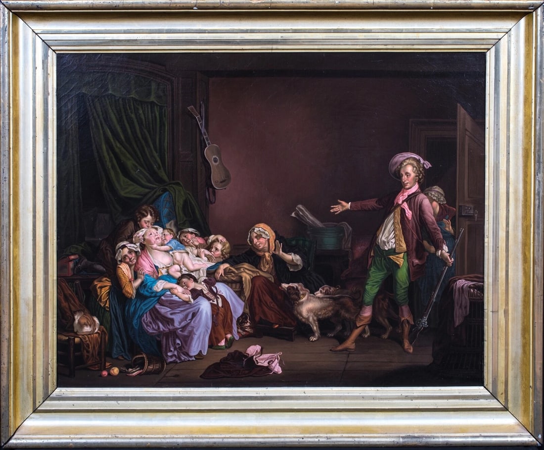 FATHER RETURNS OIL PAINTING: Year: 18th century Size: 45" x 35" Medium: Oil Description: This big oil painting from the 18th century depicts a father coming home from hunting in a humorous interior scenario. Excellent large-scale