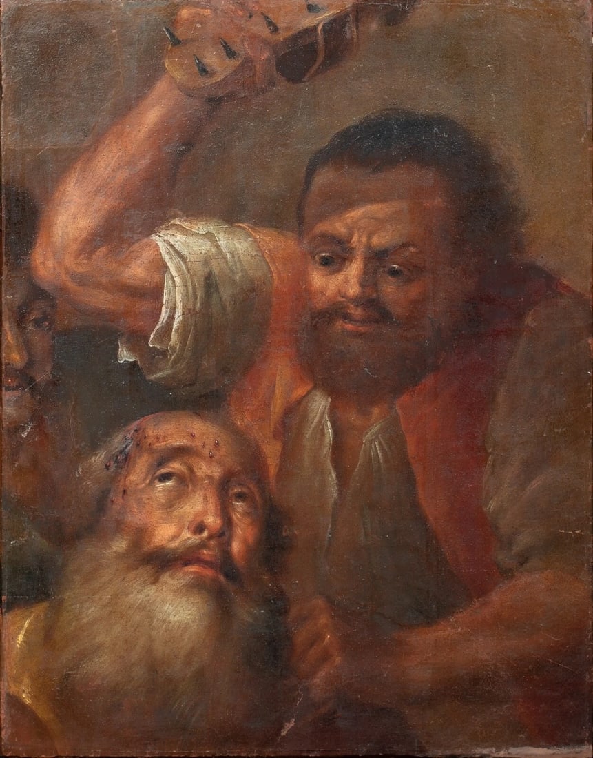 A BEARDED MAN TORTURED BY A SPIKED SANDAL OIL PAINTING: Year: 17th century Size: 55cm x 45cm Medium: Oil Description: An exquisite oil painting from the 17th century by an Italian Old Master that shows a bearded guy being tortured by a strange spiked sanda