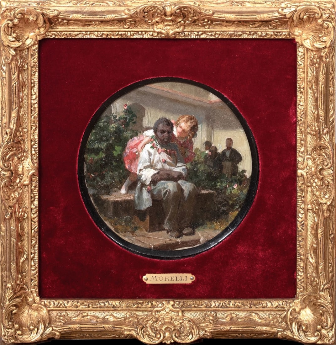 PORTRAIT OF A BLACK SERVANT AND GIRL OIL PAINTING: Year: 19th century Size: 25cm x 25cm Medium: Oil Description: "The Hug" is a fine oil on panel painting by Domenico Morelli from the 19th century that depicts a black servant and girl at a garden part
