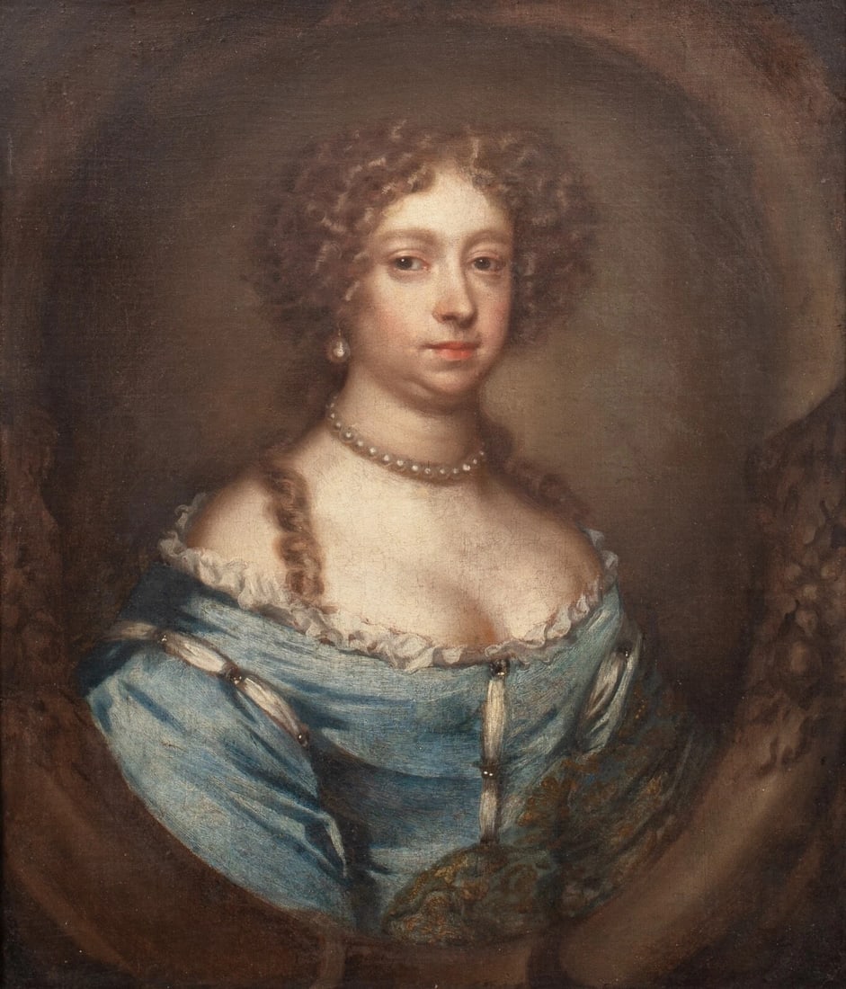 PORTRAIT OF A LADY IN A BLUE DRESS OIL PAINTING: Year: 17th century Size: 38" x 32" Medium: Oil Description: A large oil painting from the circle of Sir Peter Lely from the 17th century depicting a lady in a blue garment. Exceptional quality bust sc