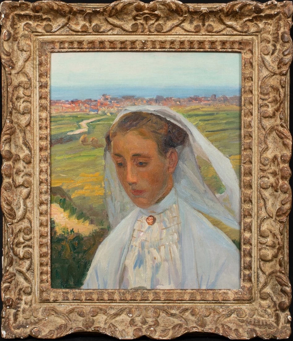 PORTRAIT OF A BRIDE OIL PAINTING: Year: 19th century Size: 22" x 18" Medium: Oil Description: About 1900 Oil on canvas, impressionist portrait of a young bride with a view of a French landscape in the distance. Beautiful impressionist