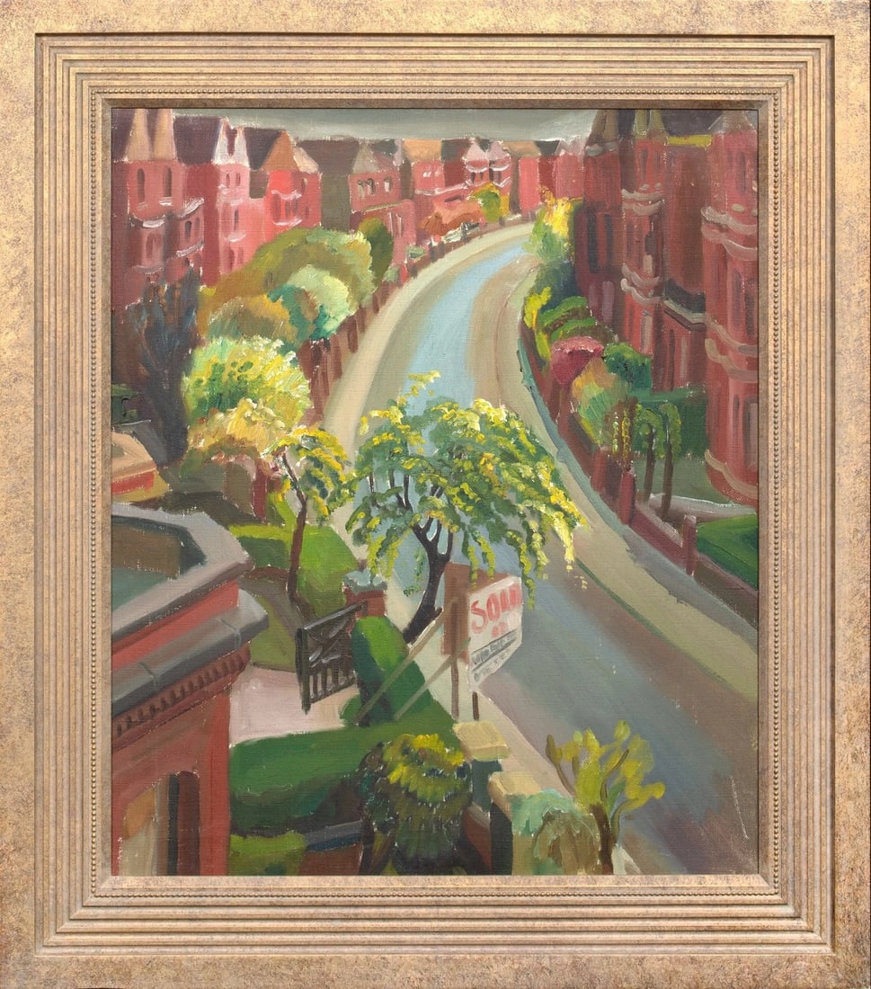 LONDON STREET SCENE OIL PAINTING: Year: 20th century Size: 33" x 28" Medium: Oil Description: Harry Barr's large oil painting of a street scene from the English School in the early 20th century. An excellent and well-preserved example